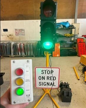 MBA-5 portable traffic light setup with STOP ON RED SIGNAL sign