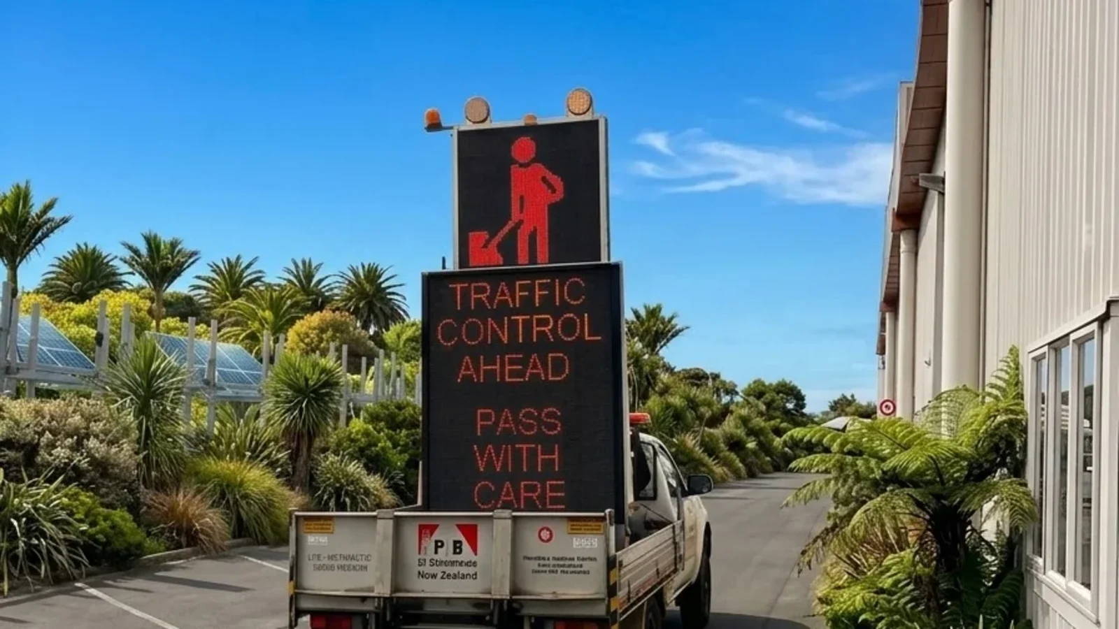 Truck mounted advanced warning VMS board displaying pass with care